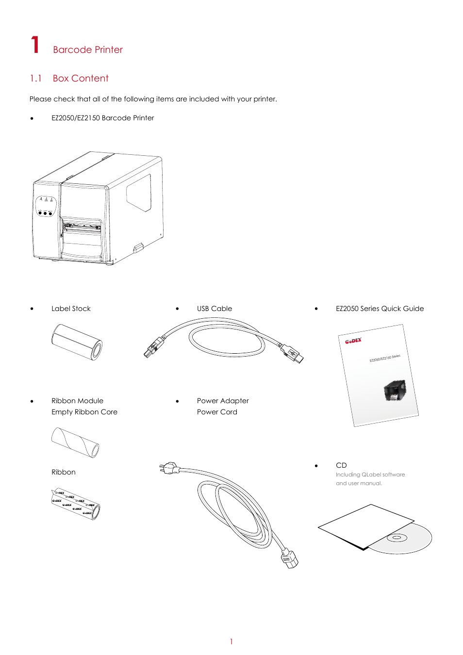 Barcode printer, 1 box content | GoDEX EZ2050 series User Manual | Page 5 / 46