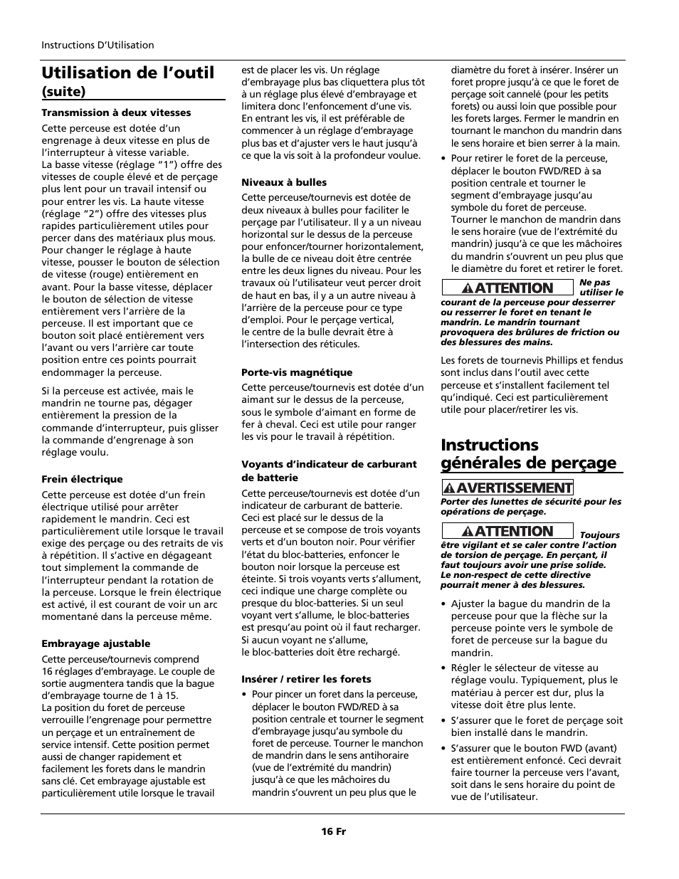 Utilisation de l’outil, Instructions générales de perçage, Suite) | Campbell Hausfeld DG201800CD User Manual | Page 16 / 32