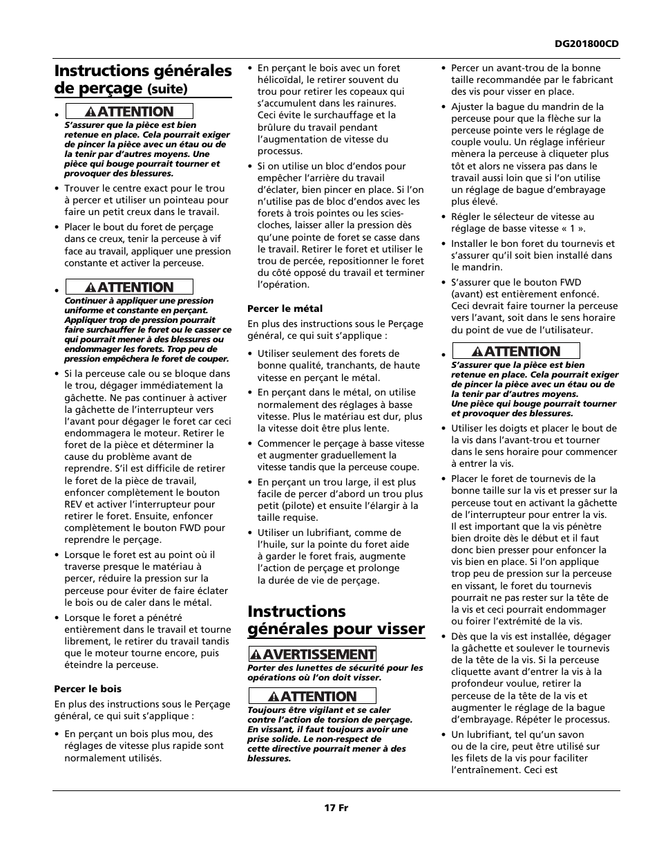 Instructions générales de perçage, Instructions générales pour visser, Suite) | Campbell Hausfeld DG201800CD User Manual | Page 17 / 32
