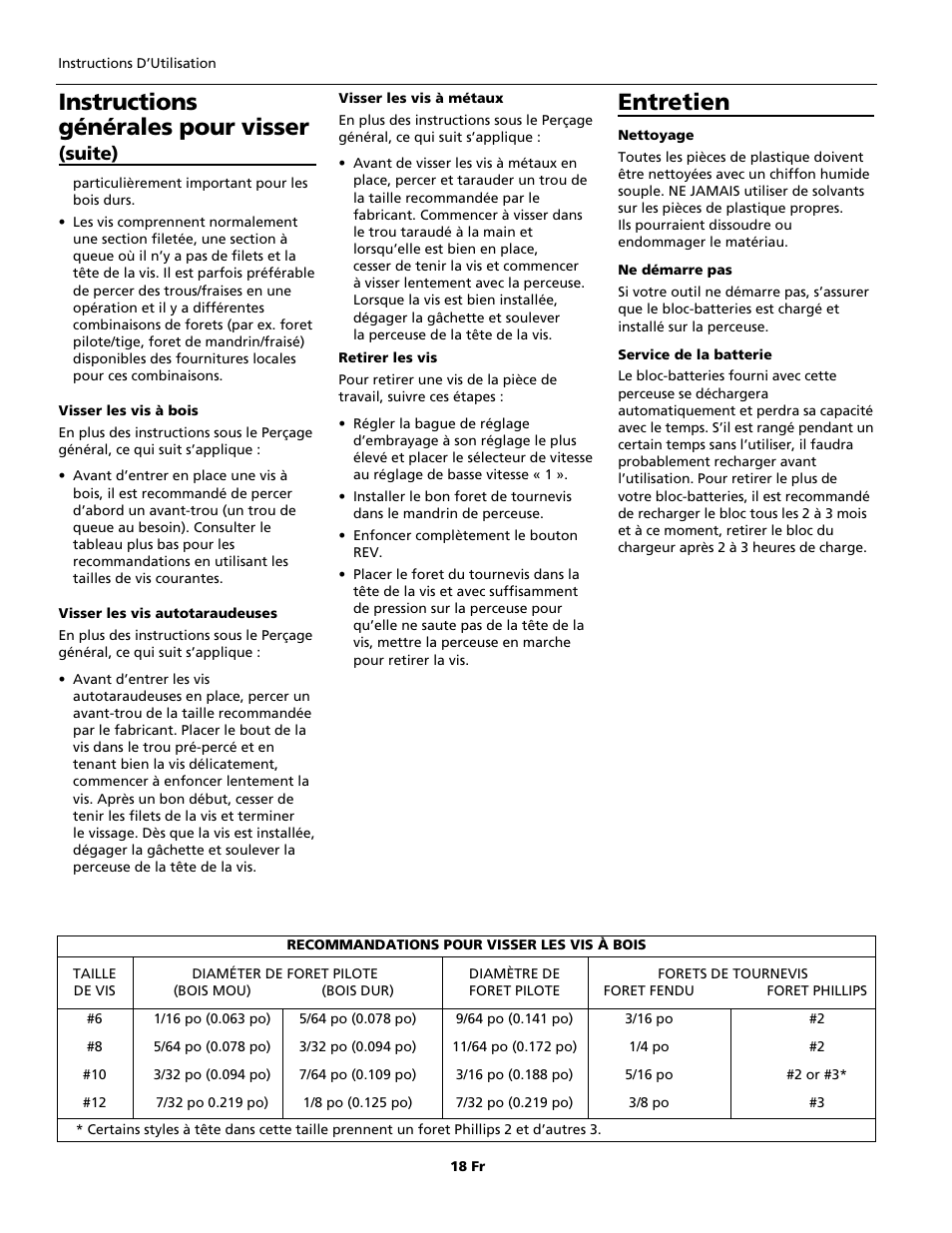 Instructions générales pour visser, Entretien, Suite) | Campbell Hausfeld DG201800CD User Manual | Page 18 / 32