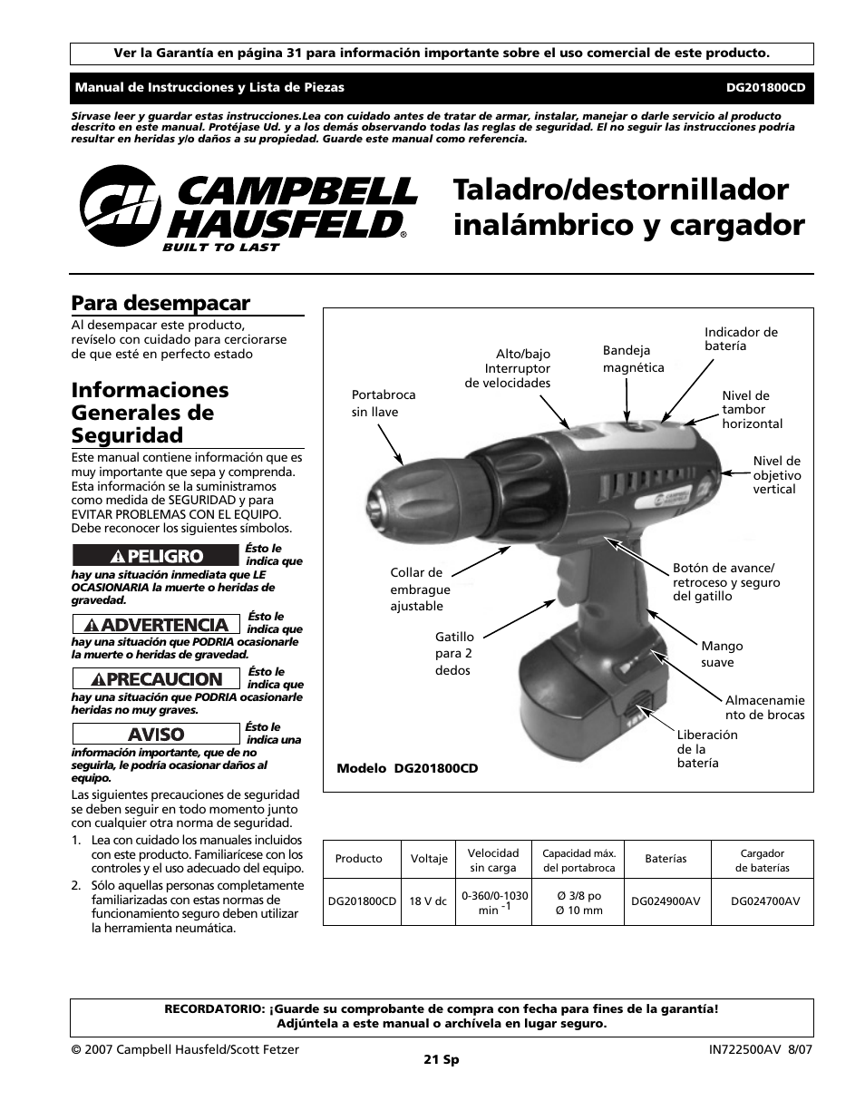 Taladro/destornillador inalámbrico y cargador, Para desempacar, Informaciones generales de seguridad | Campbell Hausfeld DG201800CD User Manual | Page 21 / 32