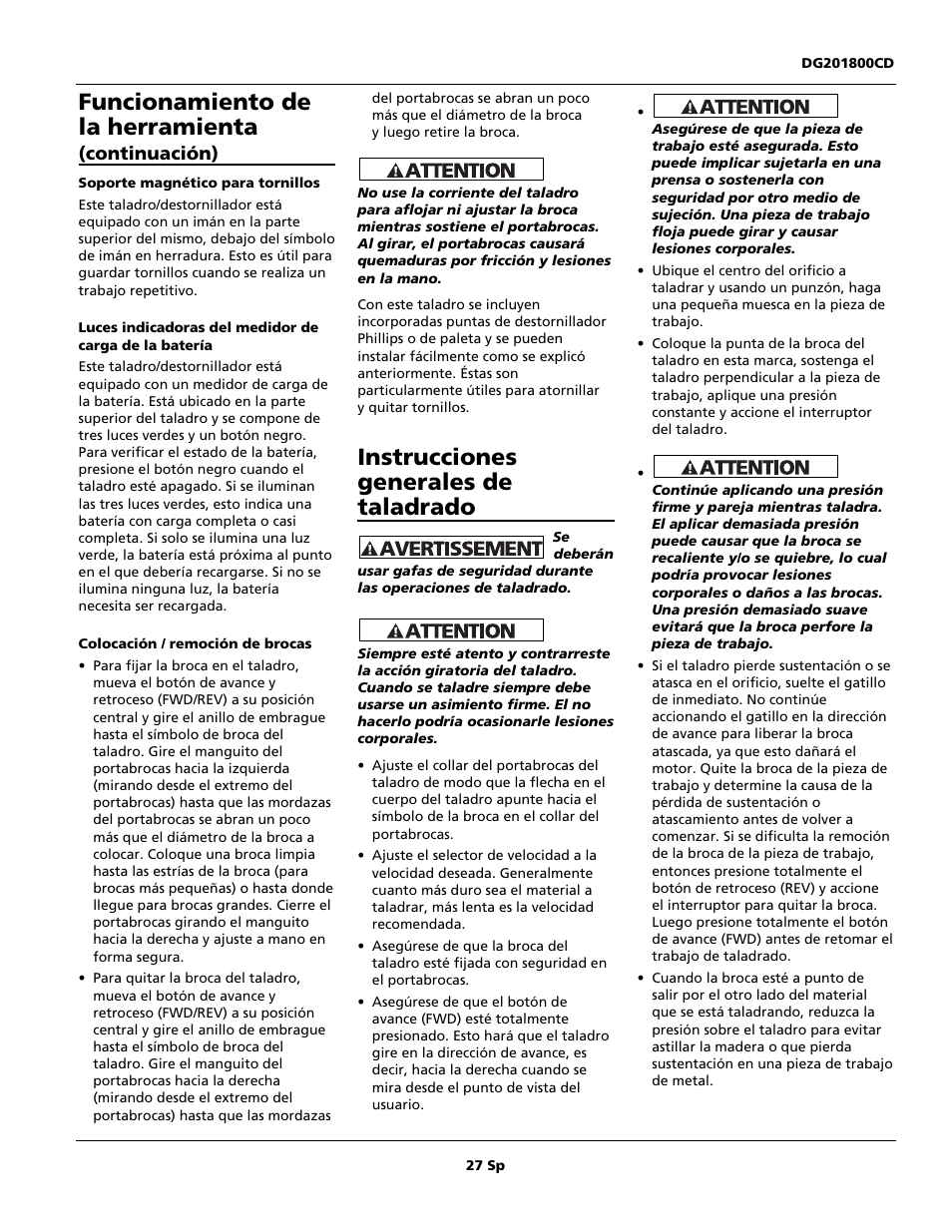 Funcionamiento de la herramienta, Instrucciones generales de taladrado, Continuación) | Campbell Hausfeld DG201800CD User Manual | Page 27 / 32