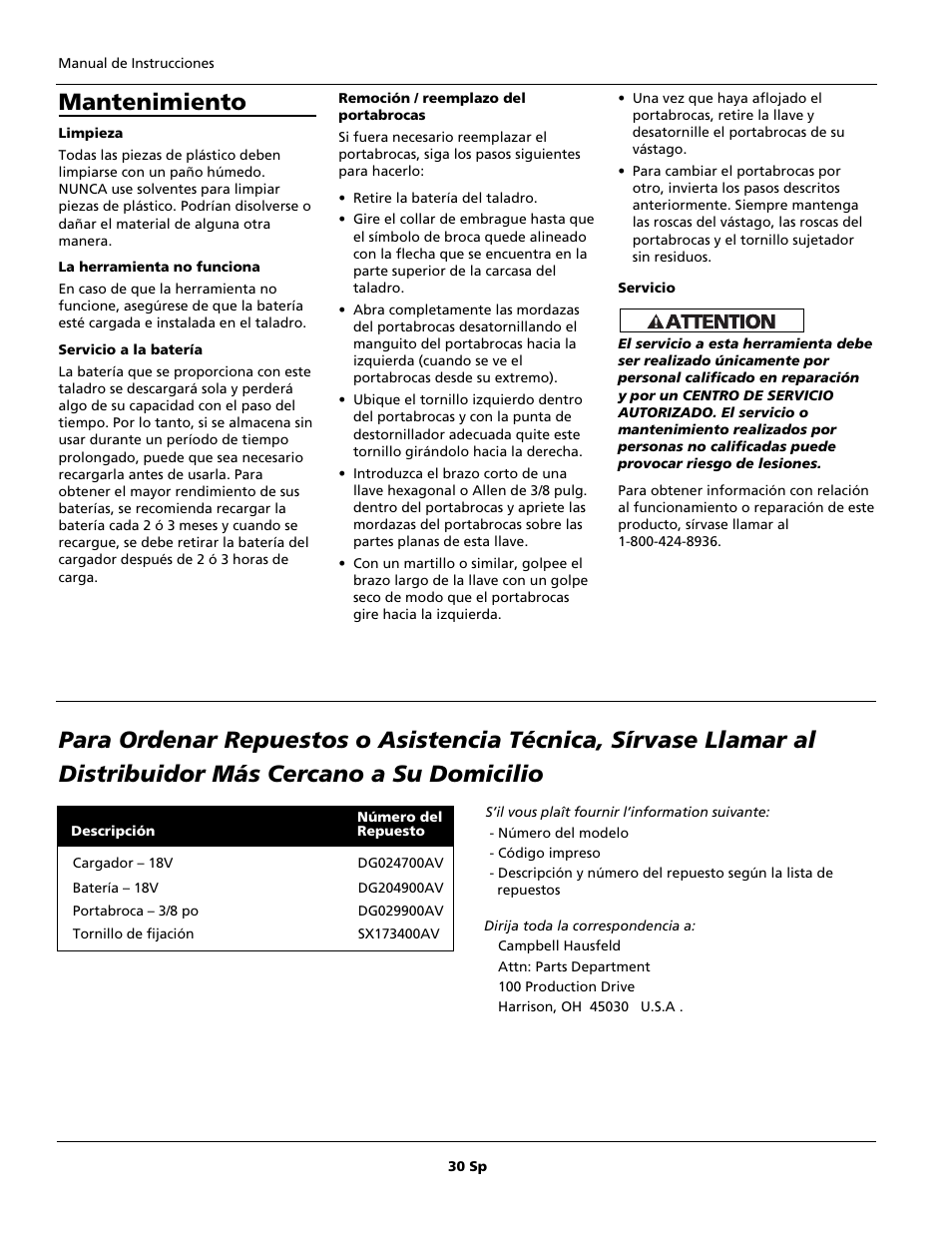 Mantenimiento | Campbell Hausfeld DG201800CD User Manual | Page 30 / 32