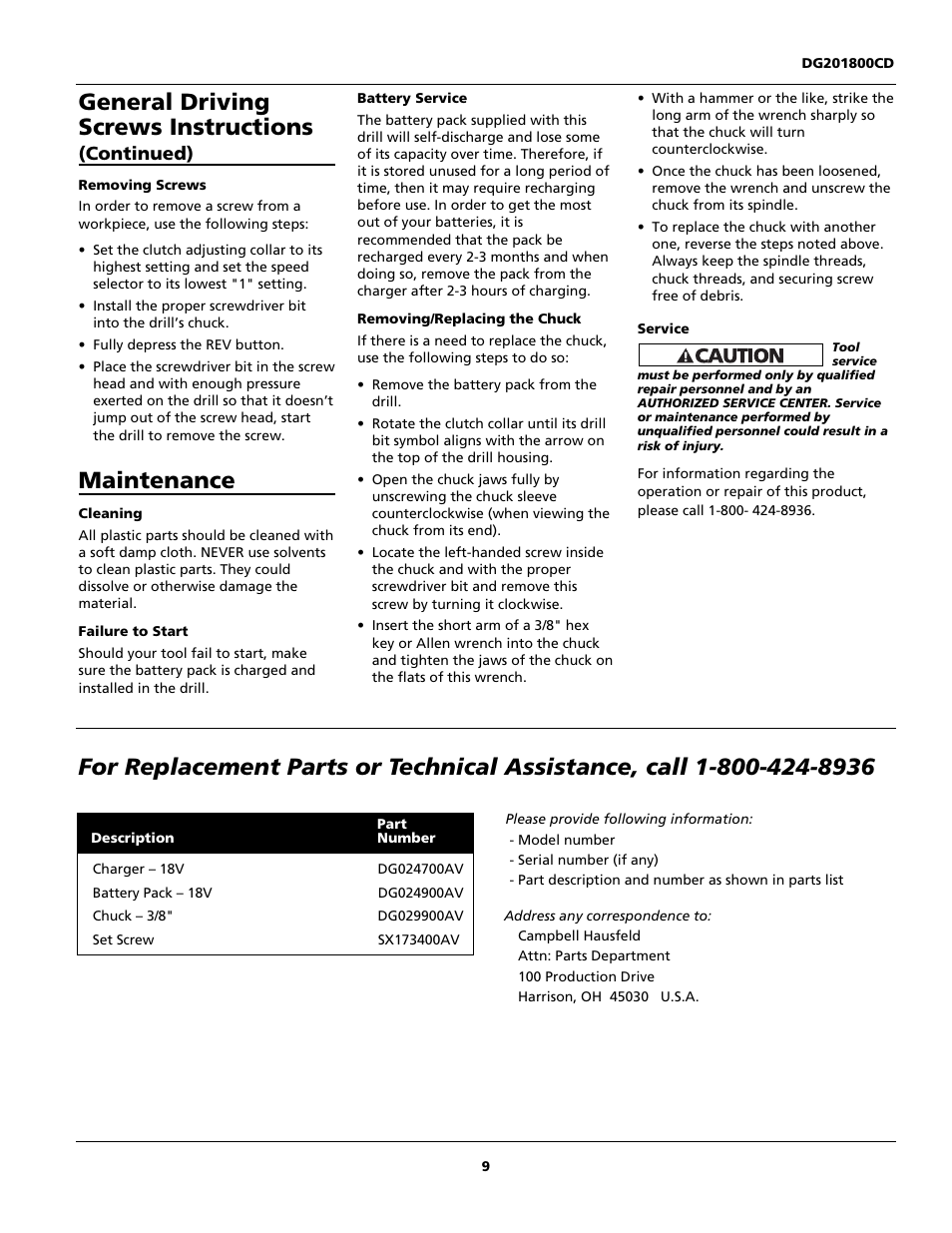 General driving screws instructions, Maintenance, Continued) | Campbell Hausfeld DG201800CD User Manual | Page 9 / 32