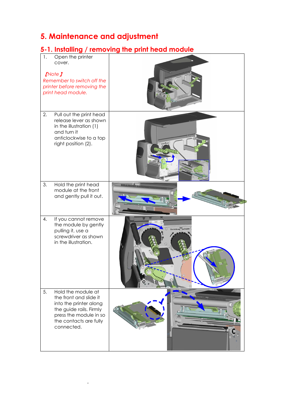 Maintenance and adjustment, 1. installing / removing the print head module | GoDEX EZ6000Plus series User Manual | Page 60 / 67