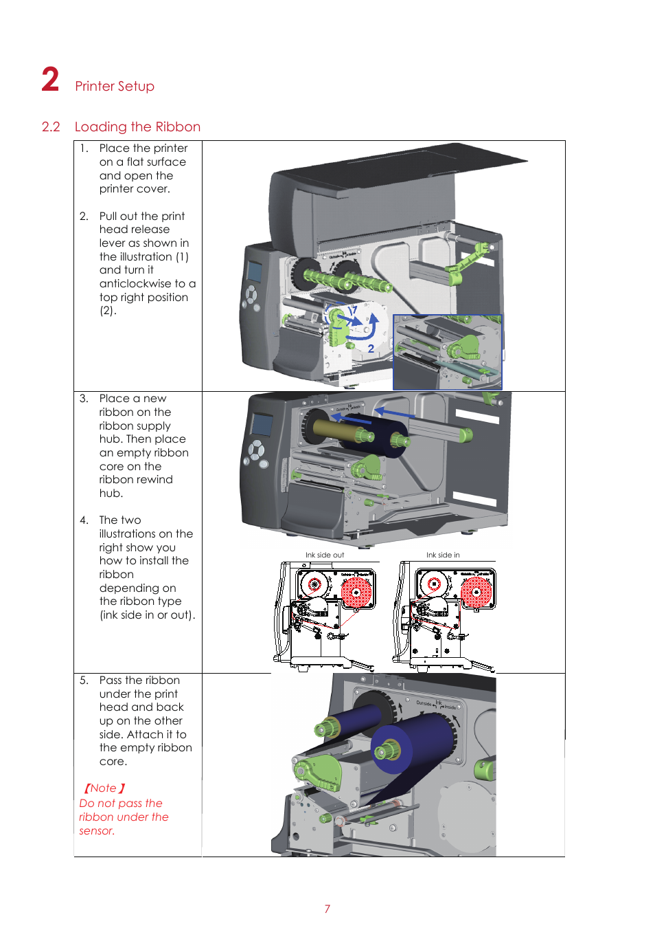 Printer setup 2.2 loading the ribbon | GoDEX EZ2250i series User Manual | Page 11 / 67