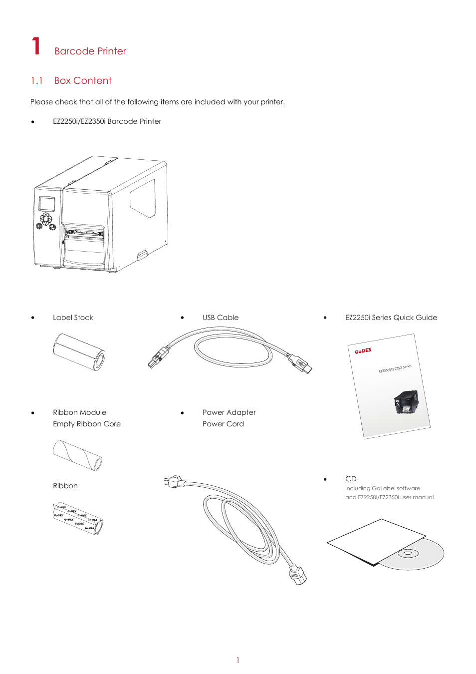 Barcode printer 1.1 box content | GoDEX EZ2250i series User Manual | Page 5 / 67