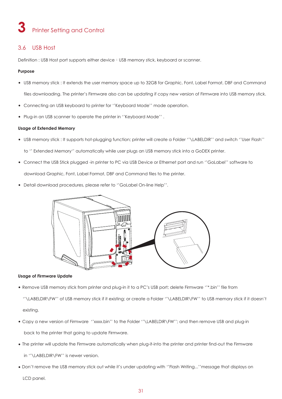Printer setting and control 3.6 usb host | GoDEX ZX1000i series User Manual | Page 35 / 61