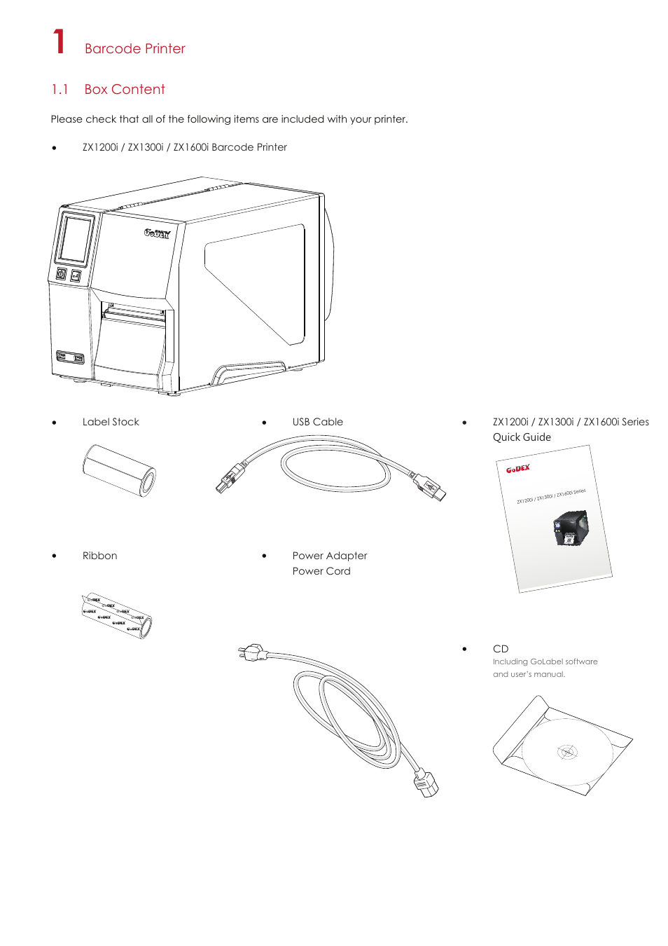 Barcode printer 1.1 box content | GoDEX ZX1000i series User Manual | Page 5 / 61