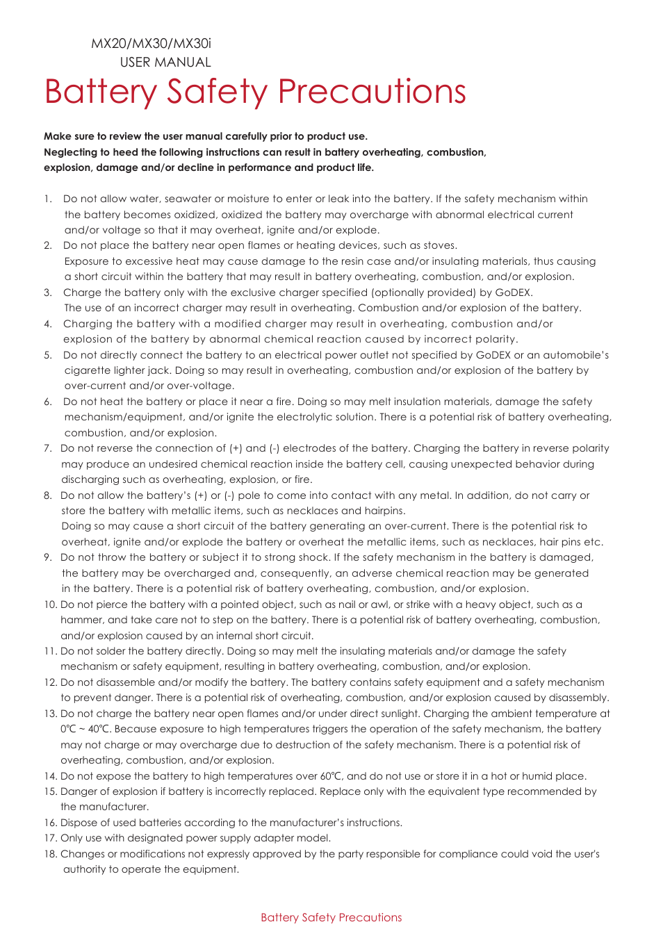 Battery safety precautions | GoDEX MX30i User Manual | Page 4 / 34