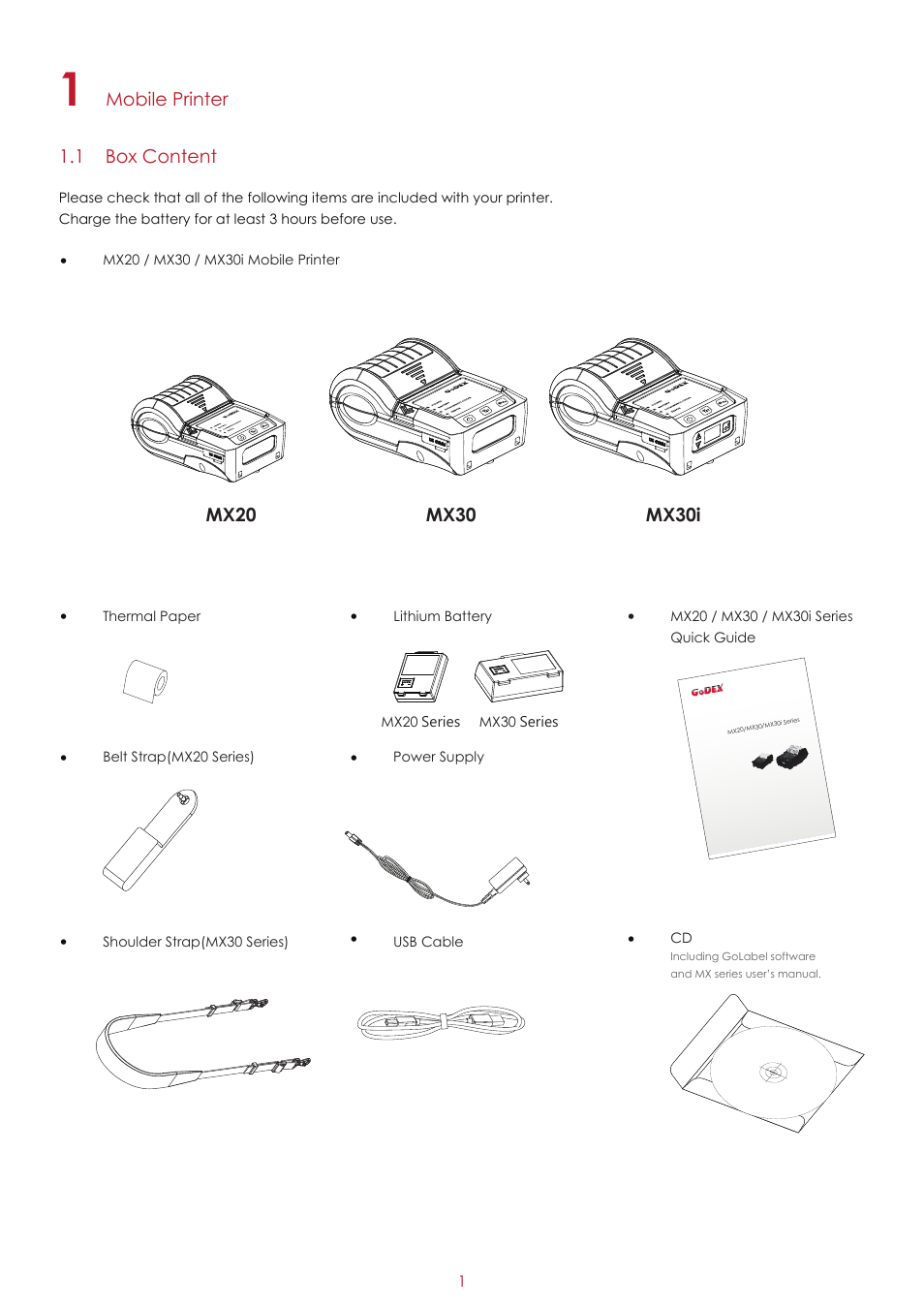 Mobile printer 1.1 box content | GoDEX MX30i User Manual | Page 5 / 34