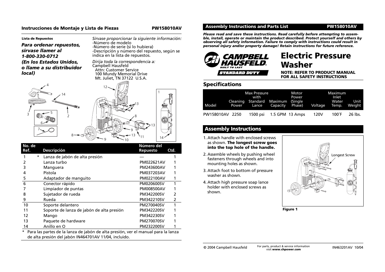 Campbell Hausfeld PW158010AV User Manual | 6 pages