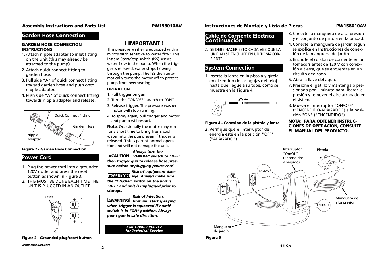 System connection, Cable de corriente eléctrica continuación, Garden hose connection | Important, Power cord | Campbell Hausfeld PW158010AV User Manual | Page 2 / 6