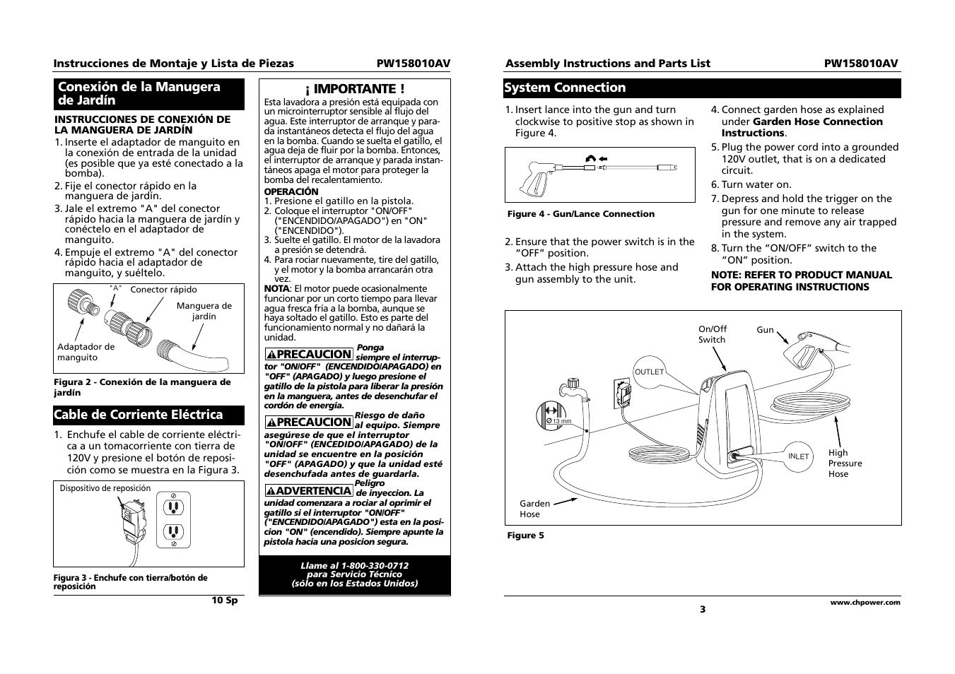 Conexión de la manugera de jardín, Importante, Cable de corriente eléctrica | System connection | Campbell Hausfeld PW158010AV User Manual | Page 3 / 6