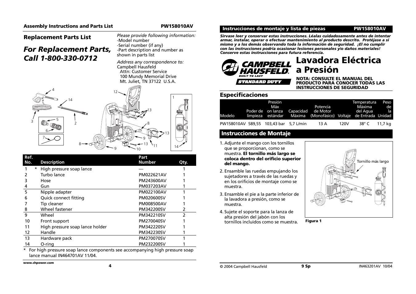 Lavadora eléctrica a presión | Campbell Hausfeld PW158010AV User Manual | Page 4 / 6