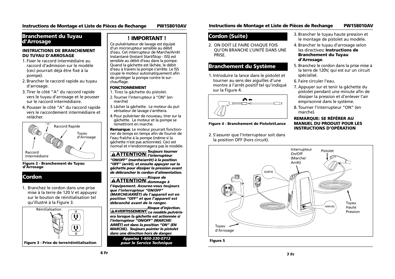 Branchement du système, Cordon (suite), Important | Branchement du tuyau d’arrosage, Cordon | Campbell Hausfeld PW158010AV User Manual | Page 6 / 6