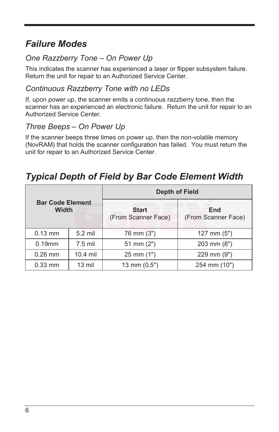 Failure modes, Typical depth of field by bar code element width, One razzberry tone – on power up | Continuous razzberry tone with no leds, Three beeps – on power up | GoDEX GS220 User Manual | Page 10 / 36