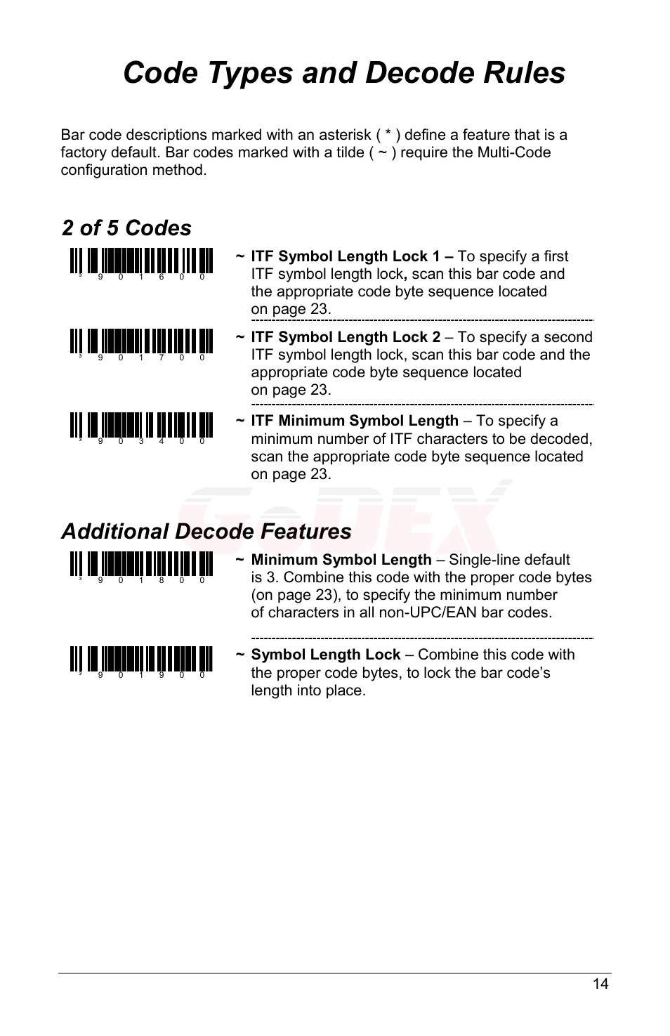 Code types and decode rules, 2 of 5 codes, Additional decode features | GoDEX GS220 User Manual | Page 18 / 36