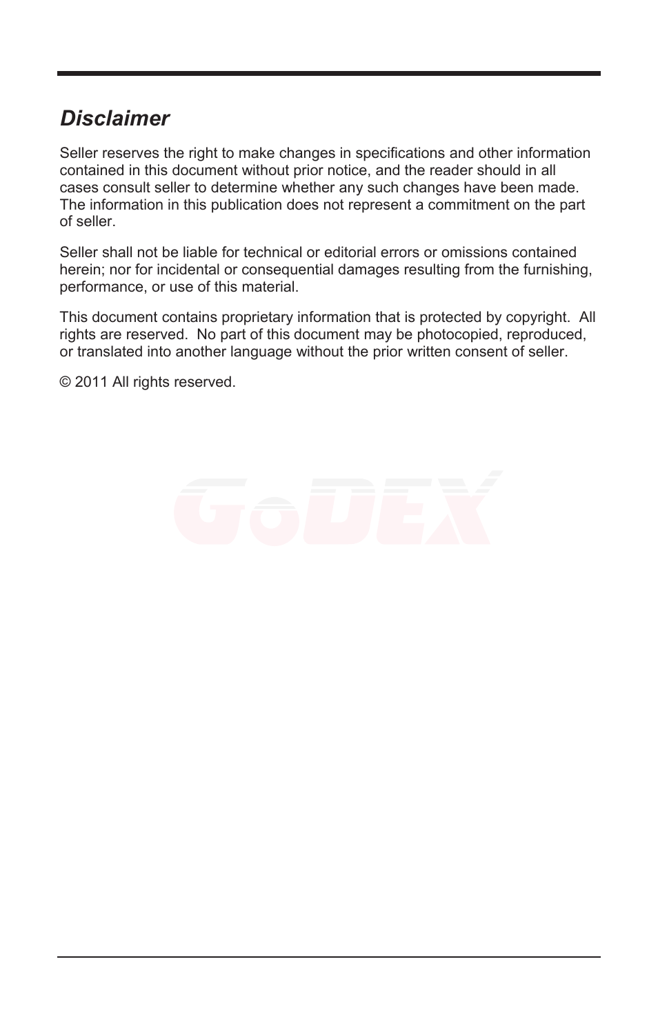 Disclaimer | GoDEX GS220 User Manual | Page 2 / 36