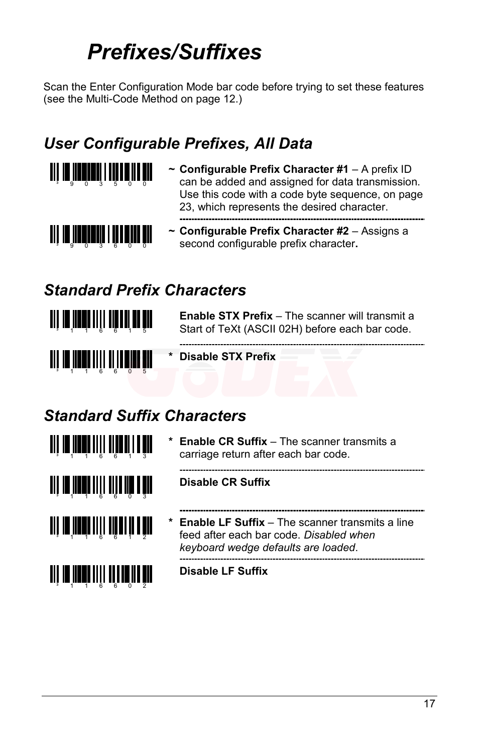 Prefixes/suffixes, User configurable prefixes, all data, Standard prefix characters | Standard suffix characters, Disable stx prefix, Disable cr suffix, Disable lf suffix | GoDEX GS220 User Manual | Page 21 / 36