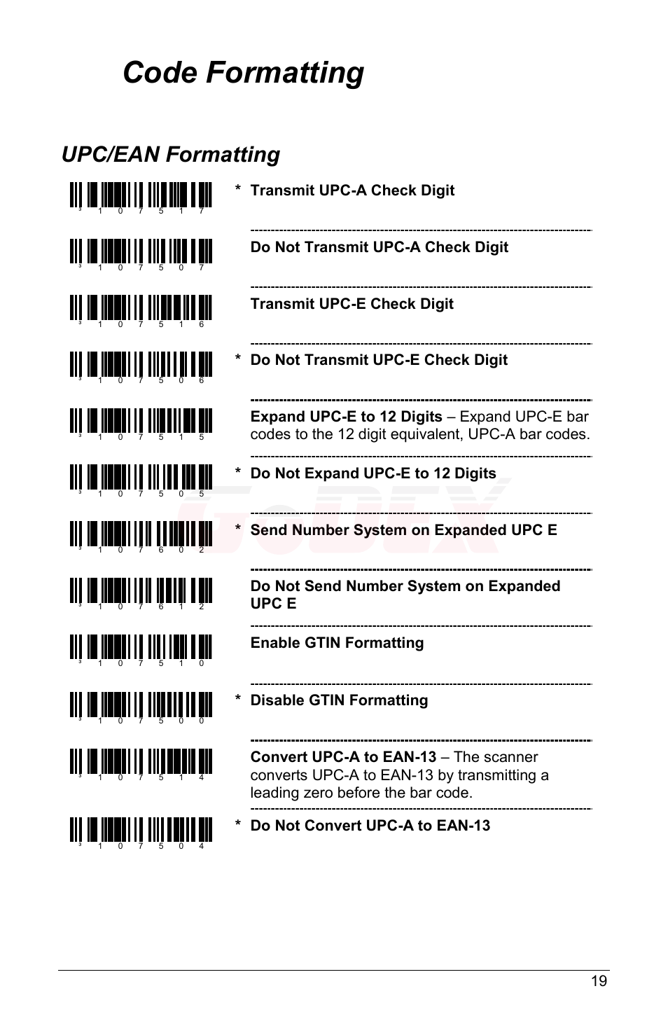 Code formatting, Upc/ean formatting, Transmit upc-a check digit | Do not transmit upc-a check digit, Transmit upc-e check digit, Do not transmit upc-e check digit, Do not expand upc-e to 12 digits, Send number system on expanded upc e, Do not send number system on expanded upc e, Enable gtin formatting | GoDEX GS220 User Manual | Page 23 / 36