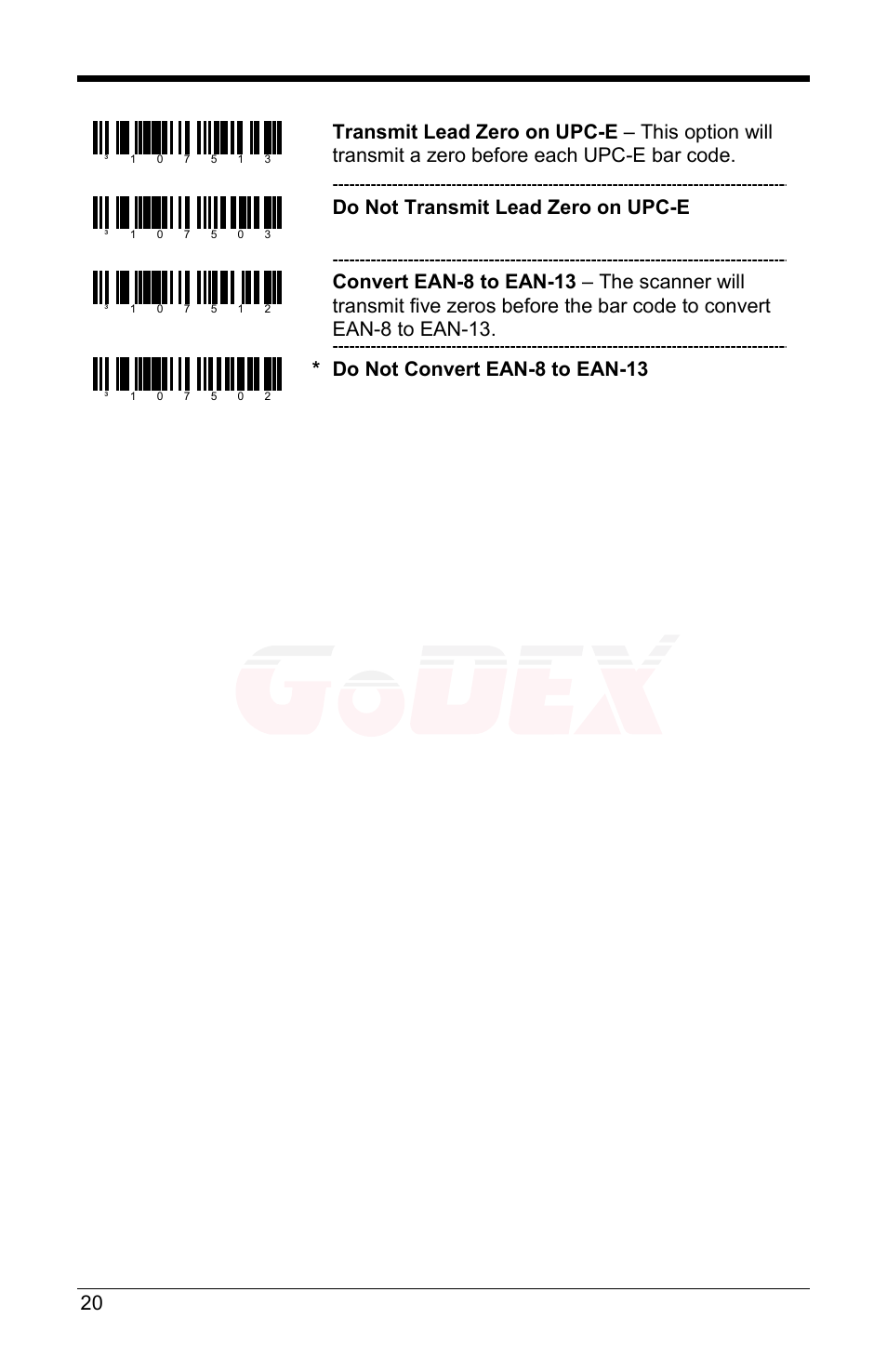 Do not transmit lead zero on upc-e, Do not convert ean-8 to ean-13 | GoDEX GS220 User Manual | Page 24 / 36