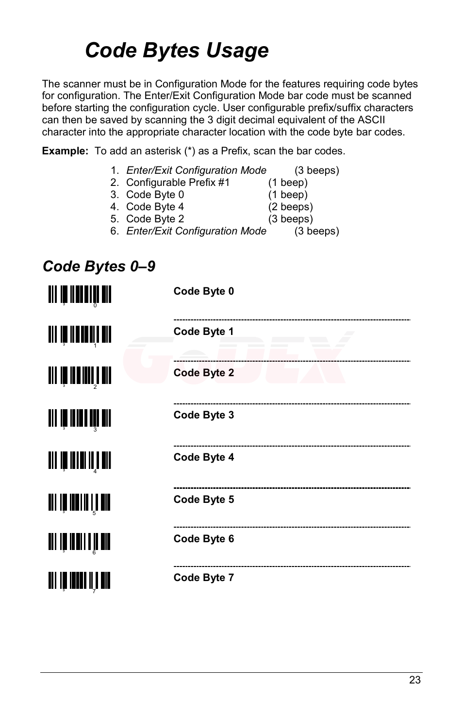Code bytes usage, Code bytes 0–9 | GoDEX GS220 User Manual | Page 27 / 36