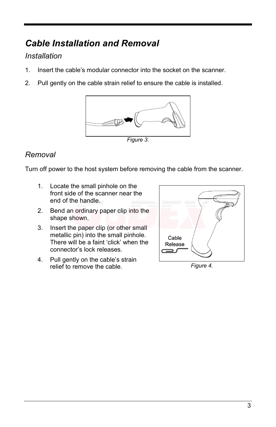 Cable installation and removal, Installation, Removal | GoDEX GS220 User Manual | Page 7 / 36