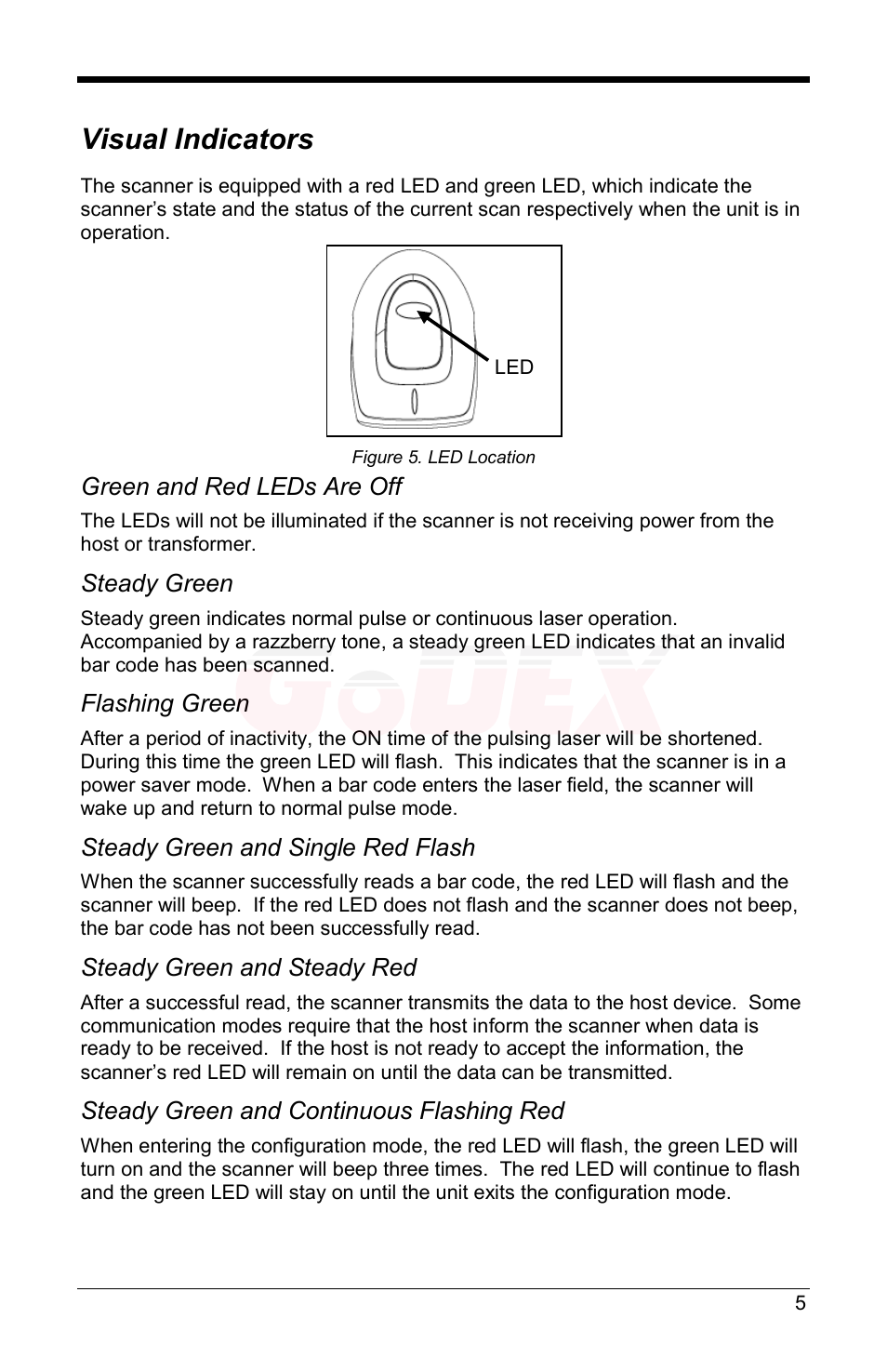 Visual indicators, Green and red leds are off, Steady green | Flashing green, Steady green and single red flash, Steady green and steady red, Steady green and continuous flashing red | GoDEX GS220 User Manual | Page 9 / 36