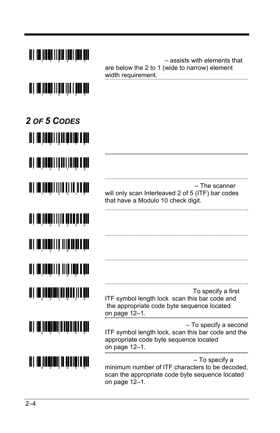 2 of 5 codes, 2 of 5 codes –4, Odes | Normal code 39 reference comparison check, Enable interleaved 2 of 5 (itf), Disable interleaved 2 of 5 (itf), Disable mod 10 check on itf, Allow itf null characters, Do not allow itf null characters | GoDEX GS220 User Manual | Page 11 / 82