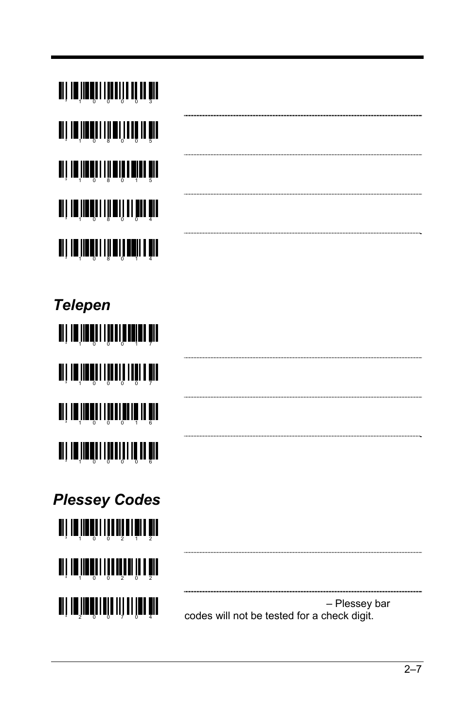 Telepen, Plessey codes, Telepen –7 | Plessey codes –7, Disable code 11, Check for 1 code 11 check digit, Check for 2 code 11 check digits, Do not check for 2 code 11 check digits, Enable telepen, Disable telepen | GoDEX GS220 User Manual | Page 14 / 82