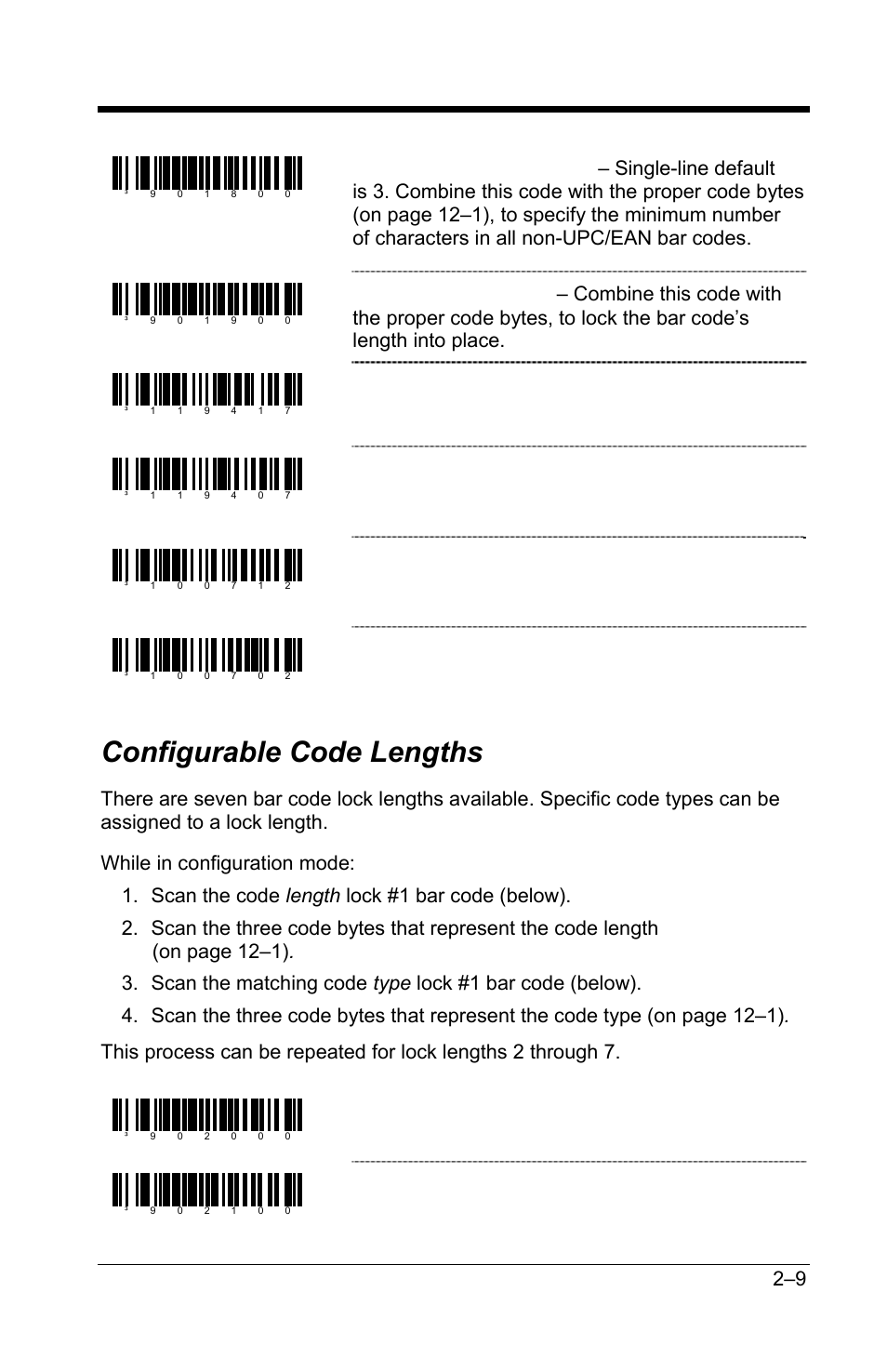 Configurable code lengths, Configurable code lengths –9, Enable modulus 8 filter on bar & space counts | Disable modulus 8 filter on bar & space counts, Handle code 39 bad border, Disable code 39 bad border, Code length lock #1, Code type lock #1 | GoDEX GS220 User Manual | Page 16 / 82