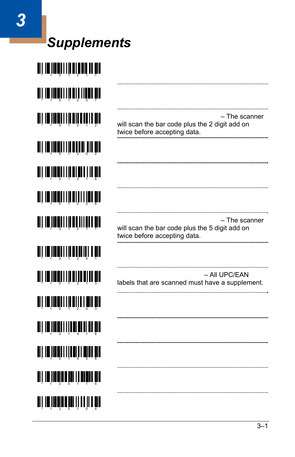 Supplements, Supplements –1, Enable two digit supplements | Disable two digit supplements, Disable two digit redundancies, Enable five digit supplements, Disable five digit supplements, Disable five digit redundancies, Supplements are not required, Enable remote supplement required | GoDEX GS220 User Manual | Page 18 / 82