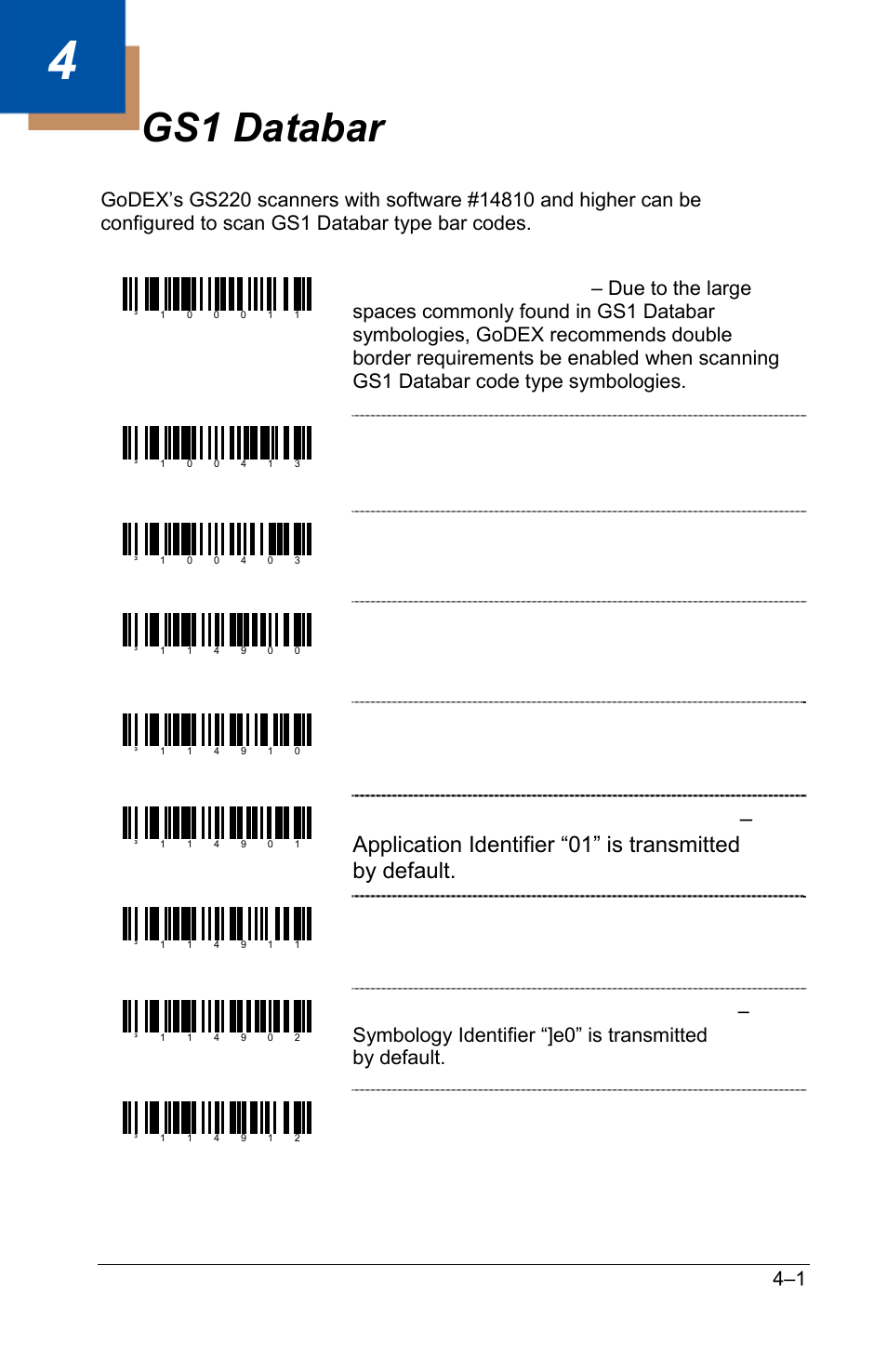 Gs1 databar, Gs1 databar –1, Enable gs1 databar 14 | Disable gs1 databar 14, Transmit gs1 databar 14 check digit, Do not transmit gs1 databar 14 check digit, Transmit gs1 databar 14 application id, Do not transmit gs1 databar 14 application id, Do not transmit gs1 databar 14 symbology | GoDEX GS220 User Manual | Page 24 / 82