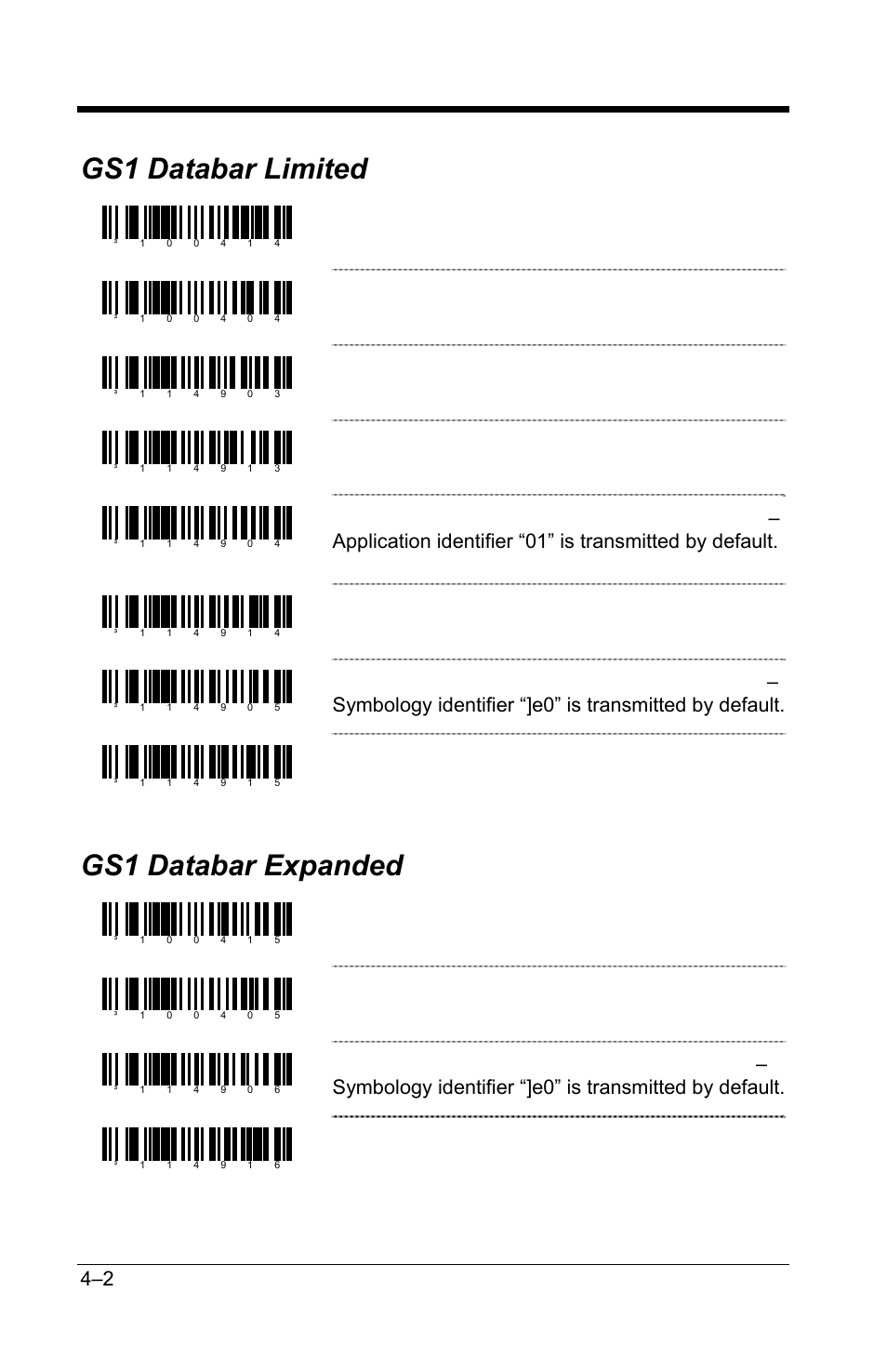 Gs1 databar limited, Gs1 databar expanded, Gs1 databar limited –2 | Gs1 databar expanded –2, Enable gs1 databar limited, Disable gs1 databar limited, Transmit gs1 databar limited cd, Do not transmit gs1 databar limited cd, Do not transmit gs1 databar limited application id, Do not transmit gs1 databar limited symbology id | GoDEX GS220 User Manual | Page 25 / 82