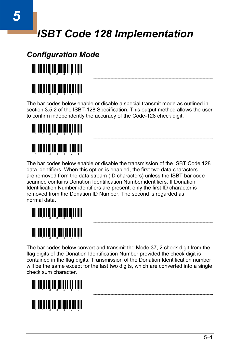 Isbt code 128 implementation, Configuration mode, Configuration mode –1 | Enable isbt code 128, Enable isbt special transmit, Don’t transmit isbt id’s, Convert flag digits to mod 37, 2 cd, Normal flag digit transmission | GoDEX GS220 User Manual | Page 26 / 82