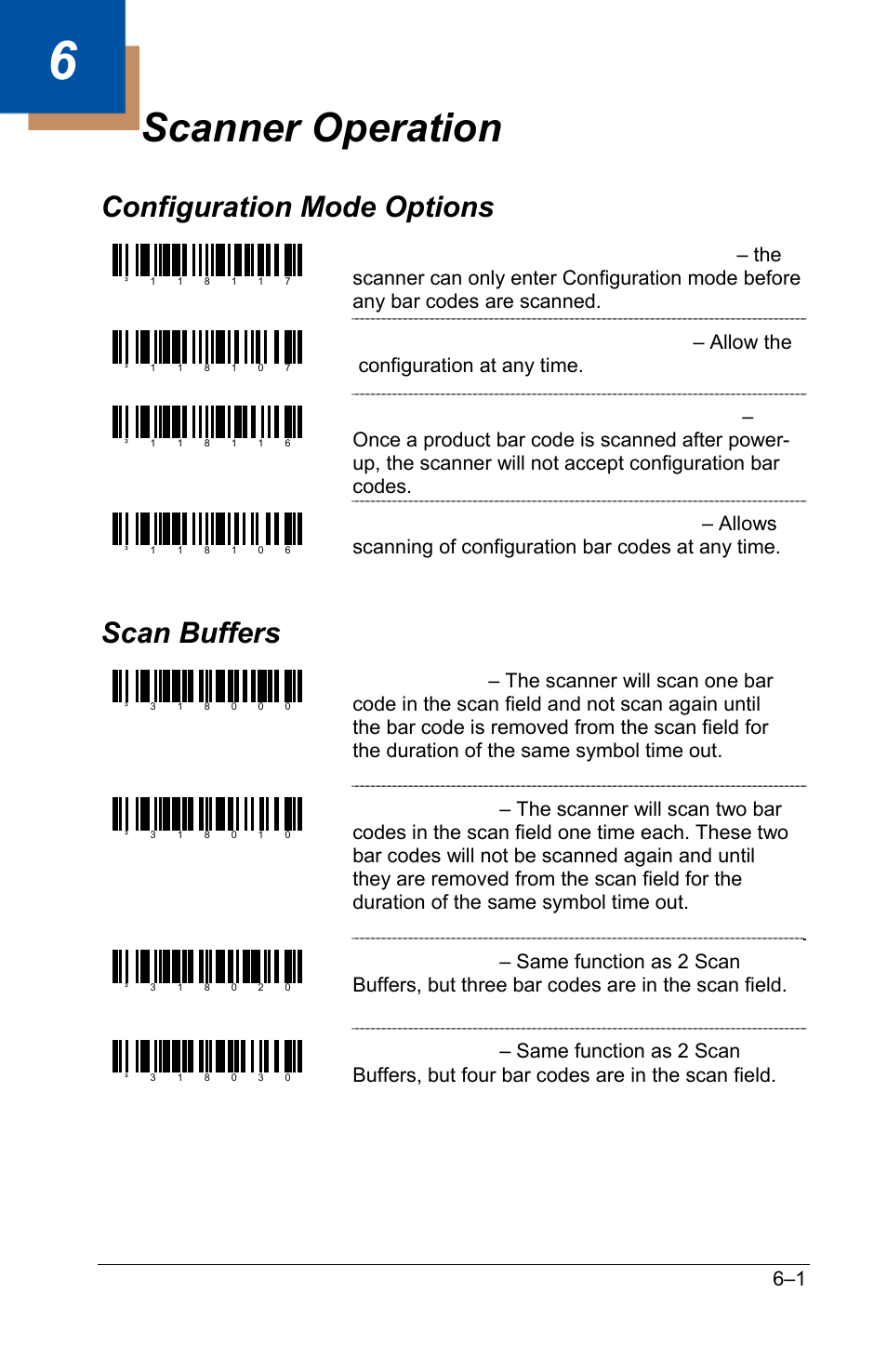 Scanner operation, Configuration mode options, Scan buffers | Configuration mode options –1 scan buffers –1 | GoDEX GS220 User Manual | Page 30 / 82