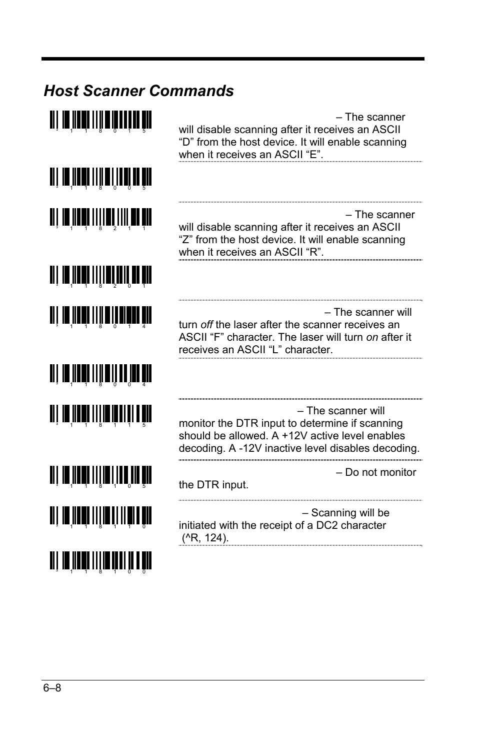 Host scanner commands, Host scanner commands –8, Disable d/e disable | No z/r type d/e simulation, Disable f/l laser command, Do not activate on dc2 character | GoDEX GS220 User Manual | Page 37 / 82