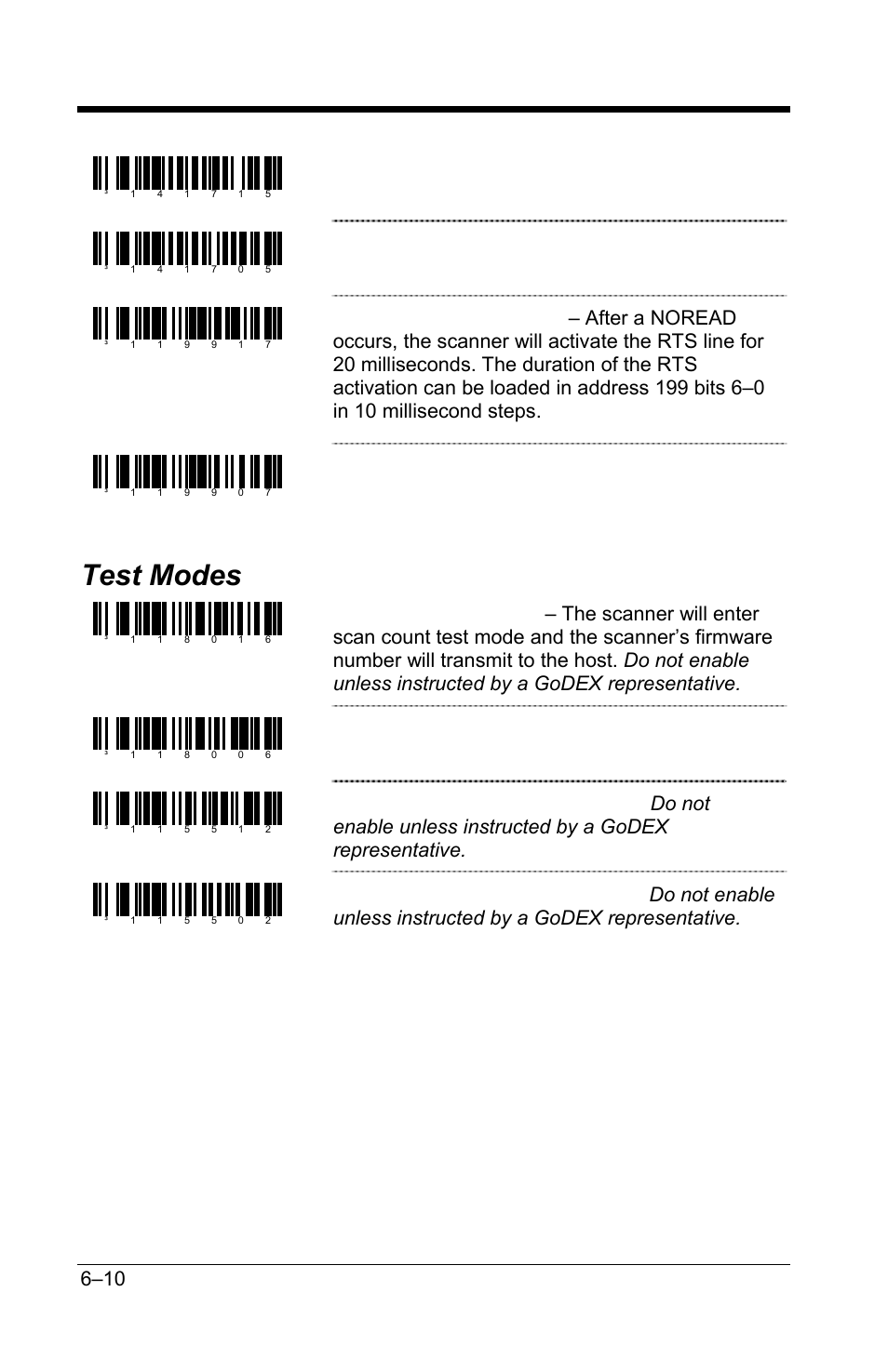 Test modes, Test modes –10, Disable rts on no read | Scan count mode off | GoDEX GS220 User Manual | Page 39 / 82