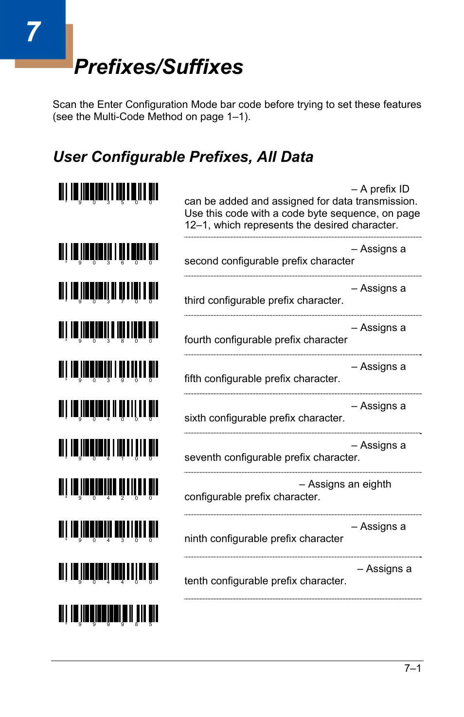 Prefixes/suffixes, User configurable prefixes, all data, User configurable prefixes, all data –1 | Clear all user configurable prefixes | GoDEX GS220 User Manual | Page 40 / 82