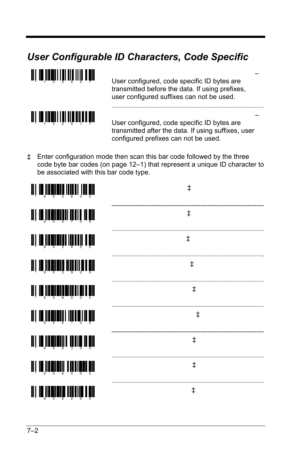 User configurable id characters, code specific, User configurable id characters, code specific –2, Configurable upc-a id | Configurable upc-e id, Configurable ean-8 id, Configurable ean-13 id, Configurable code 39 id, Configurable code 128 id, Configurable code 93 id, Configurable code 11 id | GoDEX GS220 User Manual | Page 41 / 82