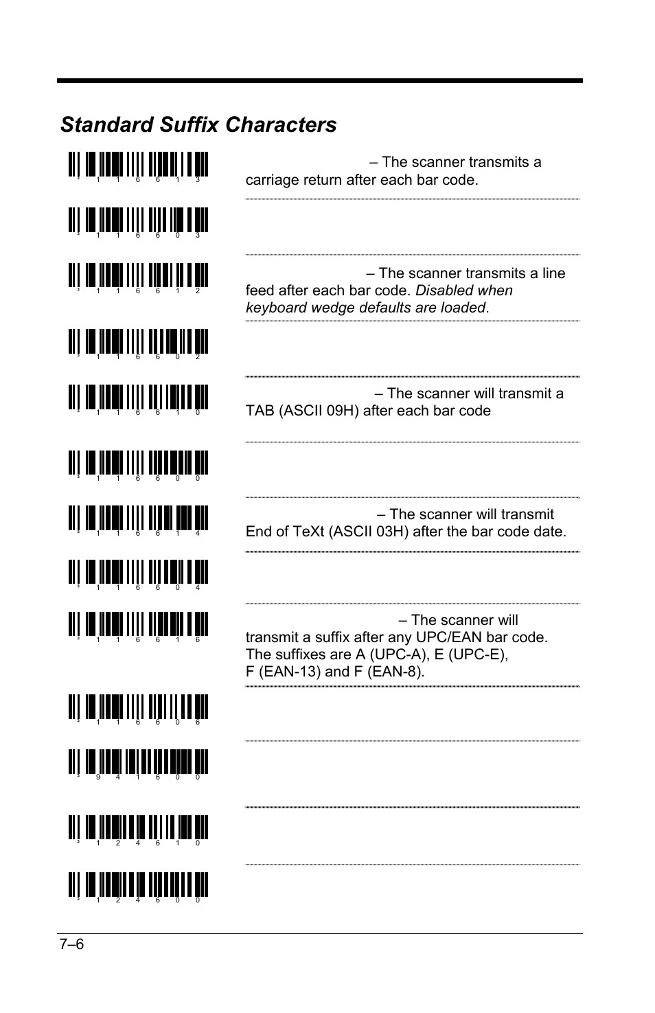 Standard suffix characters, Standard suffix characters –6, Disable cr suffix | Disable lf suffix, Disable tab suffix, Disable etx suffix, Disable upc suffix id, Enable ncr suffix character, Enable tec 7-11 ids, Disable tec 7-11 ids | GoDEX GS220 User Manual | Page 45 / 82