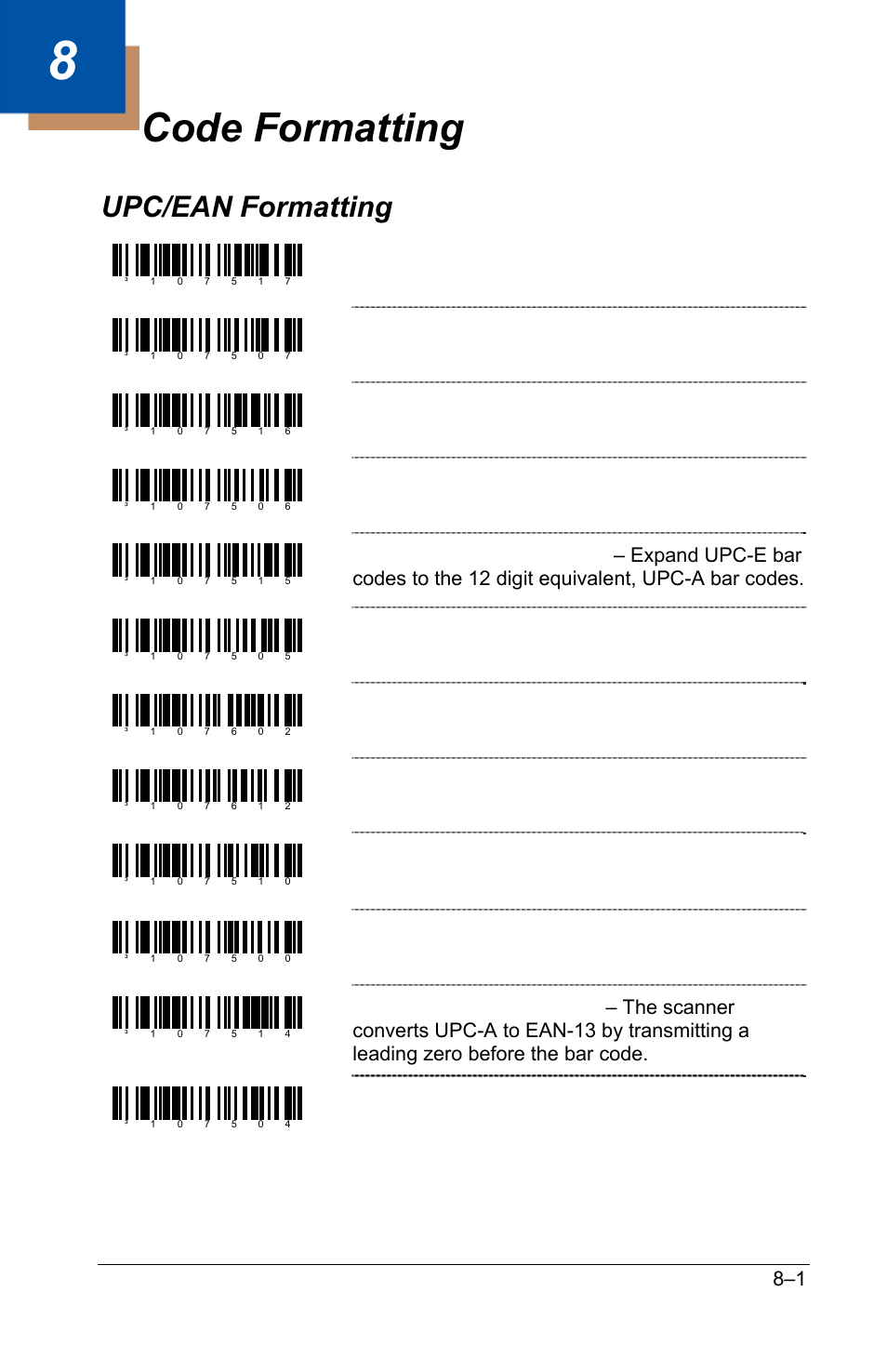 Code formatting, Upc/ean formatting, Upc/ean formatting –1 | Transmit upc-a check digit, Do not transmit upc-a check digit, Transmit upc-e check digit, Do not transmit upc-e check digit, Do not expand upc-e to 12 digits, Send number system on expanded upc e, Do not send number system on expanded upc e | GoDEX GS220 User Manual | Page 50 / 82