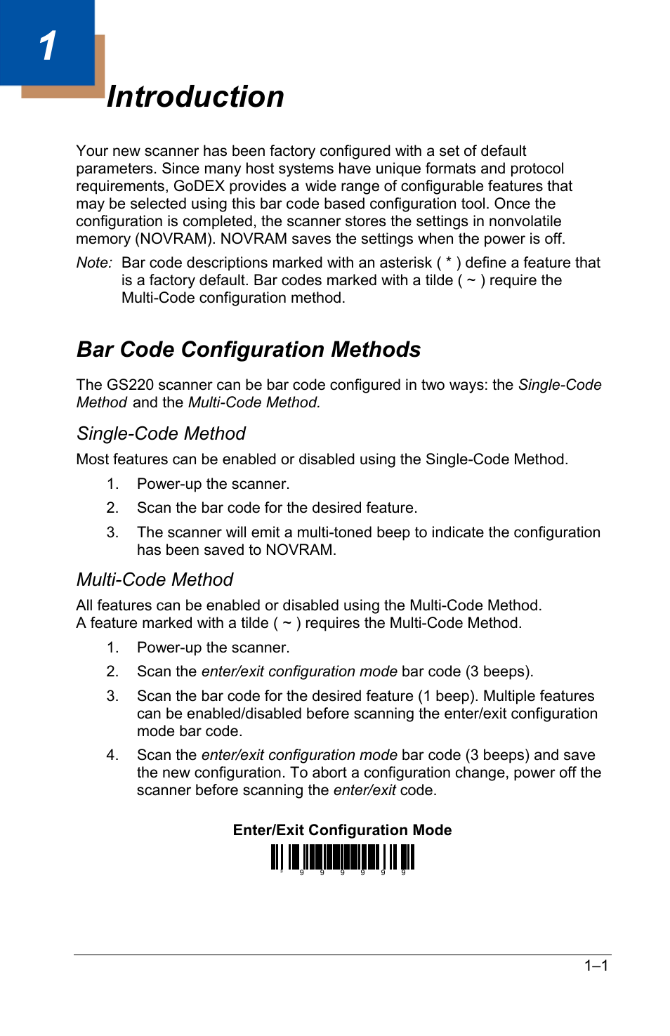 Introduction, Bar code configuration methods, Single-code method | Multi-code method, Bar code configuration methods –1, Single-code method –1, Multi-code method –1 | GoDEX GS220 User Manual | Page 6 / 82