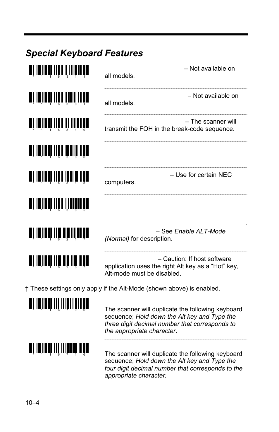 Special keyboard features, Special keyboard features –4, Do not transmit foh break code | Do not transmit cleanup bit, Enable alt-mode (normal), Enable alt-mode (advanced) | GoDEX GS220 User Manual | Page 65 / 82