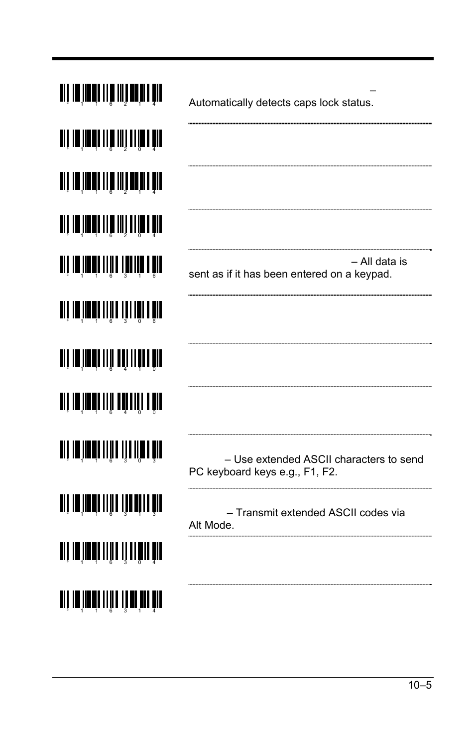 Disable auto detect mode (at/ps2), Enable caps lock (xt), Disable caps lock (xt) | Send numbers as normal data, Enable reserved feature, Disable reserved feature, Character kb inhibit, Message kb inhibit | GoDEX GS220 User Manual | Page 66 / 82