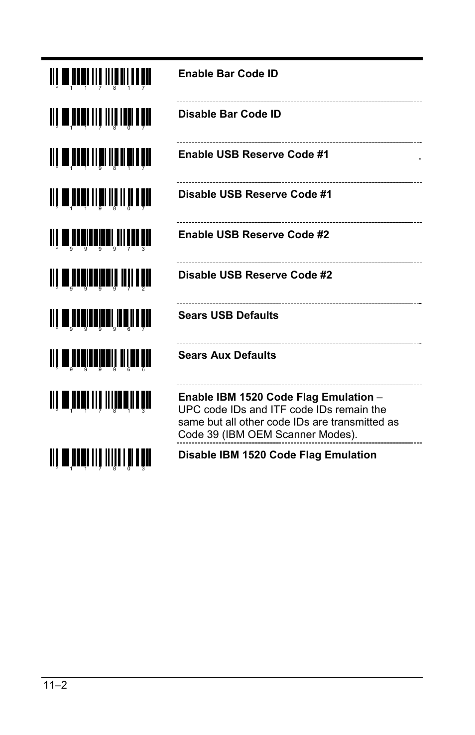 Enable bar code id, Disable bar code id, Enable usb reserve code #1 | Disable usb reserve code #1, Enable usb reserve code #2, Disable usb reserve code #2, Sears usb defaults, Sears aux defaults, Disable ibm 1520 code flag emulation | GoDEX GS220 User Manual | Page 71 / 82