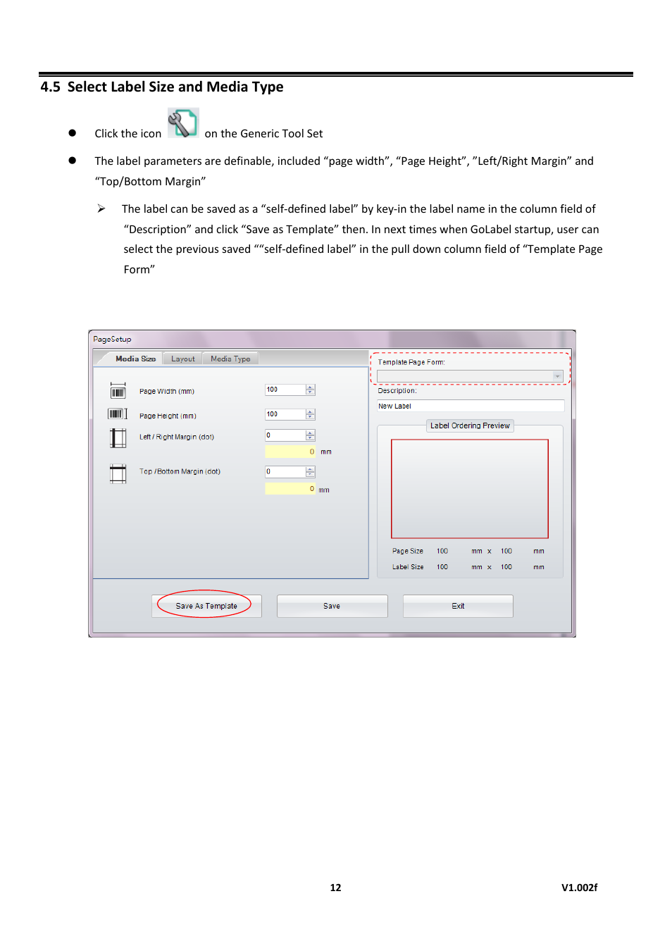 Select label size and media type, Golabel on-line help, 5 select label size and media type | GoDEX GoLabel User Manual | Page 12 / 72