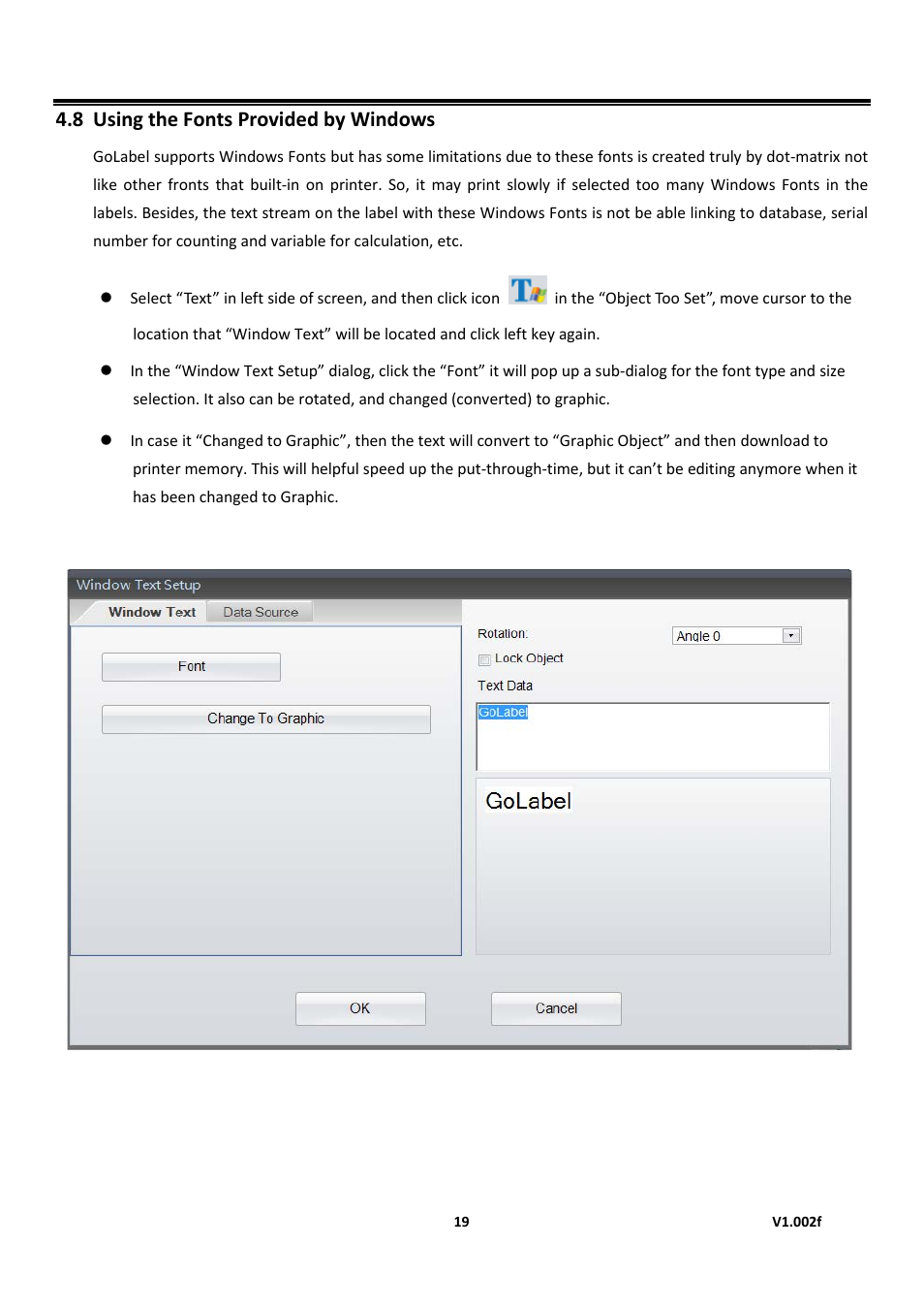 Using the fonts provided by windows, Golabel on-line help, 8 using the fonts provided by windows | GoDEX GoLabel User Manual | Page 19 / 72