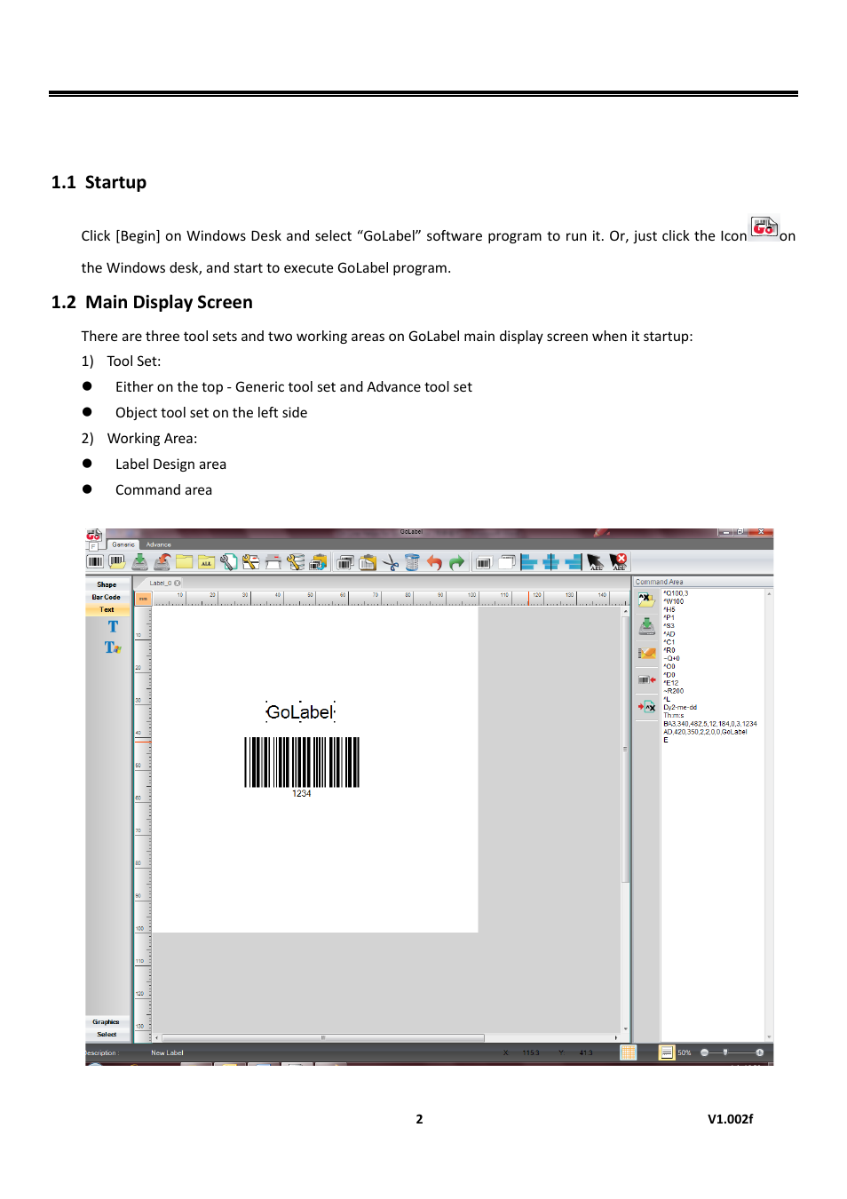 Introduction, Startup, Main display screen | Golabel on-line help, Introduction 1.1 startup, 2 main display screen | GoDEX GoLabel User Manual | Page 2 / 72